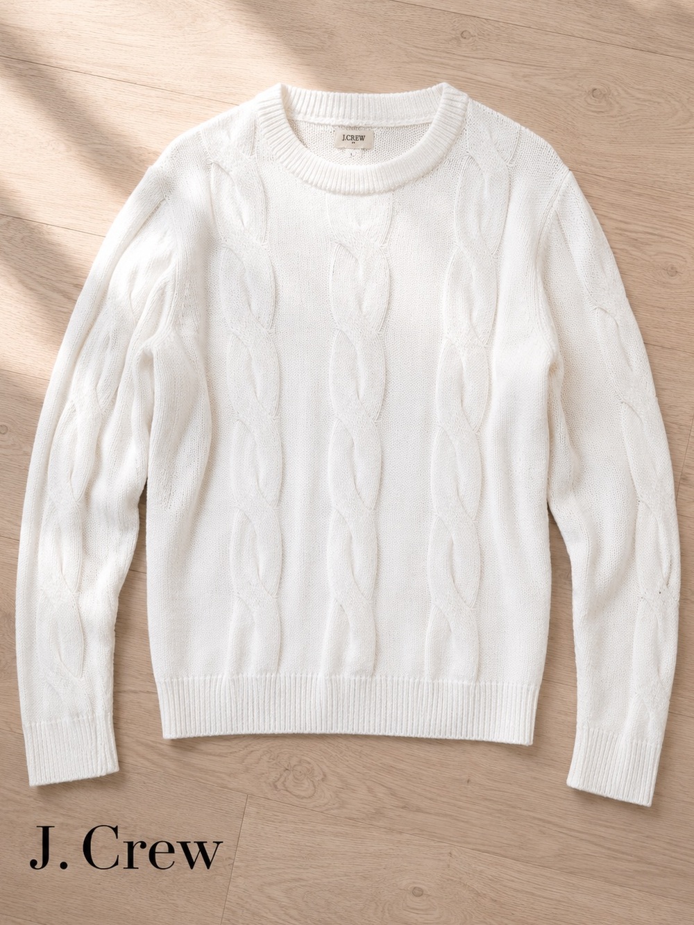 🌸J.Crew Cable Knit Crewneck Sweater - White sizeL old money quiet luxury resort